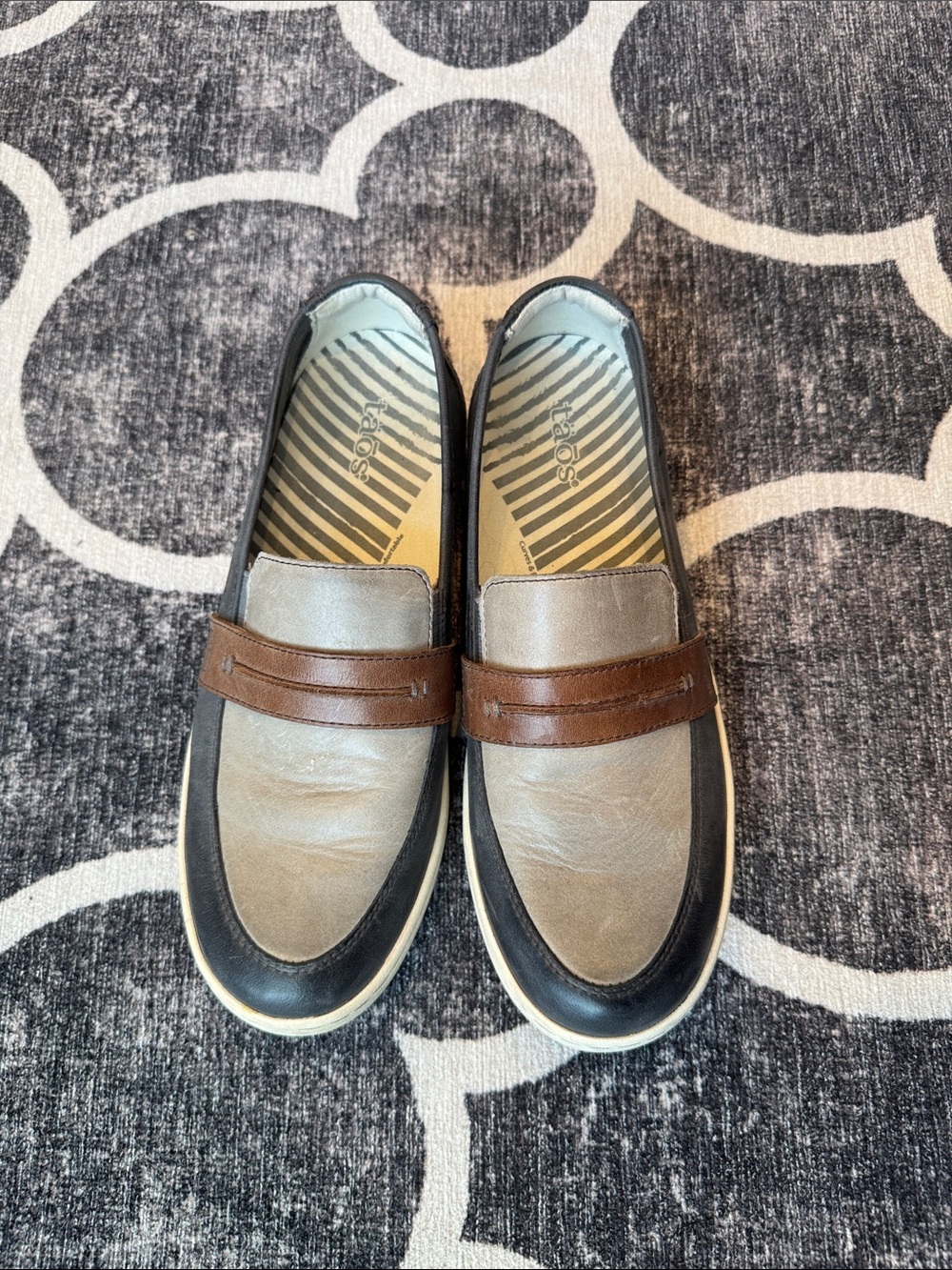 Taos Footwear Two-Tone Leather Penny Loafers in Gray and Brown